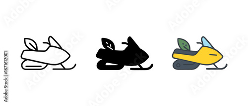 Snowmobile icons set: outline, silhouette, and colorful variations