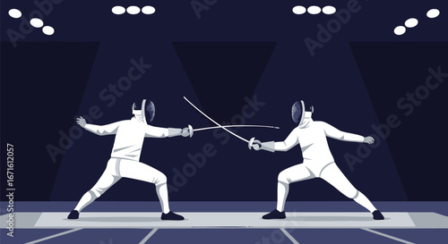Vector illustration of two fencers in an intense epee duel. Athletes in white uniforms and masks in an en garde stance during a competition