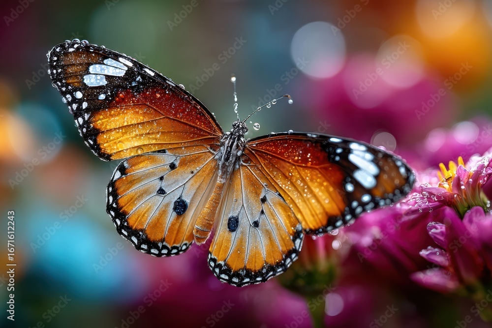 Obraz premium A vibrant butterfly with dewkissed wings perched on a colorful flower