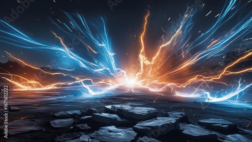 A dramatic landscape scene showcases a powerful clash of contrasting blue and orange energy, highlighted by streaks of lightning and sparks.