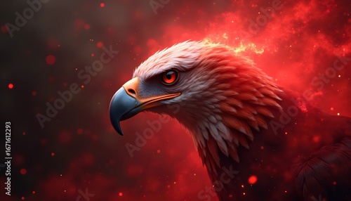 Abstract Mystical Eagle Shining in Surreal Red Glowing World of Energy