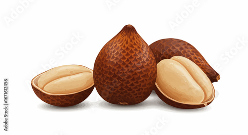 Salak Fruit (Snake Fruit) with Water Droplets Isolated on White. Realistic Vector Illustration of Whole and Halved Exotic Tropical Fruits from Southeast Asia.