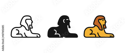 Stylized sphinx trio in outline, silhouette, and color variations