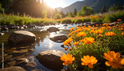 Sunlit stream flows through vibrant orange wildflowers and smooth stones
