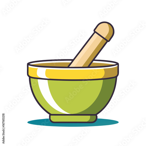 mortar and pestle with a green bowl, yellow rim, and wooden pestle, used for grinding and crushing ingredients in cooking or pharmacy.