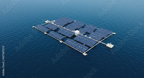Floating solar farm generating renewable energy at sea.