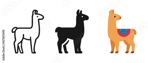 Minimalist llama designs in monochrome and colorful flat style