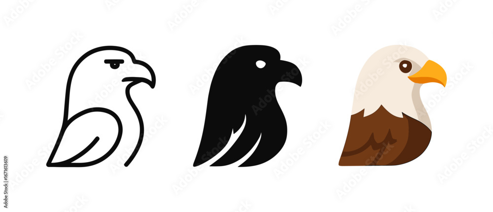 Fototapeta premium Eagle icons set: outline, silhouette, and flat design variations