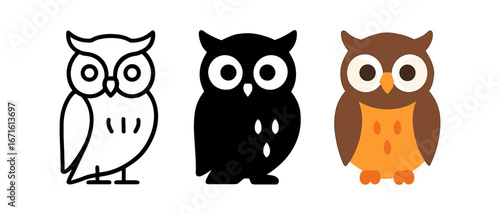 Variety of owl designs: outline, silhouette, and colorful cartoon style