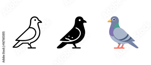 Minimalist to detailed pigeon design: outline, solid, and colorful variations