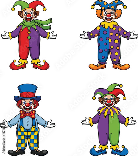 Colorful cartoon clowns in funny costumes, circus theme, jester hats, happy expressions, playful style, vector illustration for children, entertainment