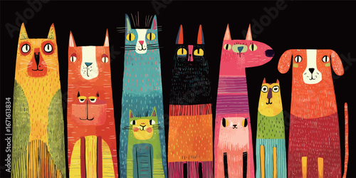 A vibrant lineup of cartoon-style cats and dogs showcases playful designs and a variety of colors. These whimsical animals stand together, creating a colorful display against a dark background.