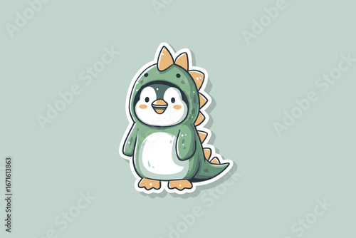 A charming penguin character wearing a playful dinosaur costume stands against a soft green background. The costume features scales and fins, enhancing its whimsical appeal.