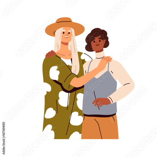 Two young women hugging. Close best friends, female couple embracing with love, support and friendship. Happy smiling girls standing together. Flat vector illustration isolated on white background
