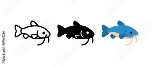 Cartoon catfish trio: outline, silhouette, colorful styles on white background