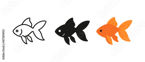 Simple goldfish designs: outline, solid, and colored variations