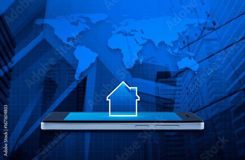 Fototapeta Naklejka Na Ścianę i Meble -  House icon with copy space on modern smart mobile phone screen over world map, city tower and skyscraper, Businesss real estate online concept, Elements of this image furnished by NASA