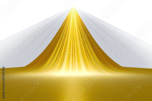 Golden radiance converging light beams create a bright, central focal point with grey flanking edges on a stark white background