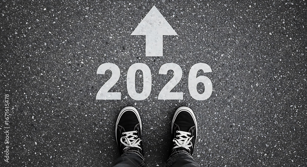 Fototapeta premium Journey forward to 2026 with arrow and shoes on asphalt road