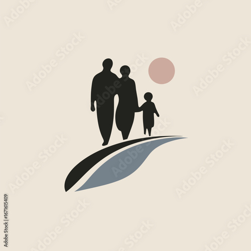 A family consisting of two adults and a child enjoys a leisurely walk on a gentle path during sunset. The warm sun adds a serene atmosphere to their stroll.