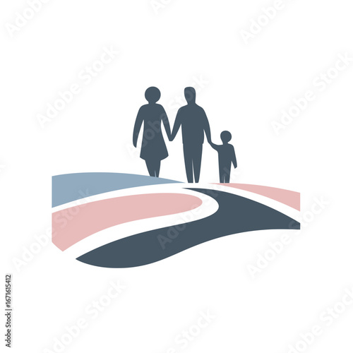 A family consisting of two adults and one child enjoys a leisurely stroll down a winding road. The peaceful setting features soft pastel colors, evoking a sense of tranquility and warmth.