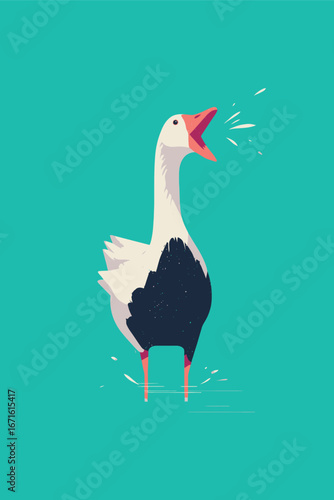 A white and black goose stands in shallow water, raising its head and opening its beak as if calling out. The bright turquoise background creates a cheerful atmosphere on a sunny day.
