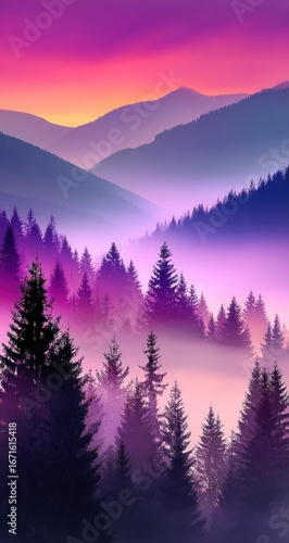 Mountainous landscape with pine trees shrouded in fog, bathed in purple and pink hues from the setting sun. Layers of peaks fade into the distance