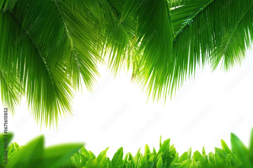 Fototapeta premium Vibrant green palm fronds and foliage frame a bright, sunny white space, creating a tropical and lush border effect
