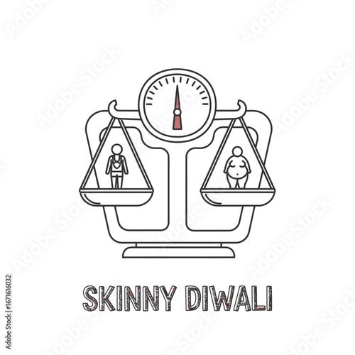 A conceptual line art icon of a balanced weight scale comparing thin and fat body types, representing diet, health, and body positivity