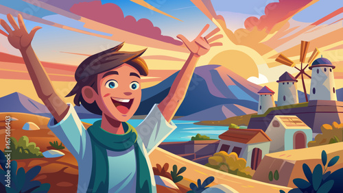 Carefree tourist raising arms enjoying beautiful landscape with traditional greek windmills at sunset