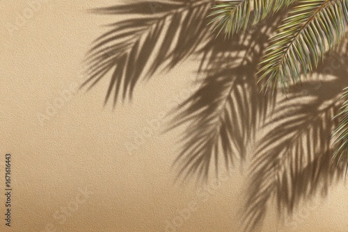 Palm frond casting shadow on beige textured wall