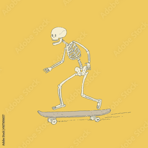 A playful skeleton rides a skateboard, appearing to glide smoothly across a vibrant yellow background. Its posture is relaxed, showcasing a fun and carefree moment in this cartoonish illustration.