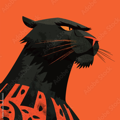 A striking illustration features a black panther with piercing eyes and a powerful stance set against a bright orange backdrop. The artwork emphasizes strength and elegance.