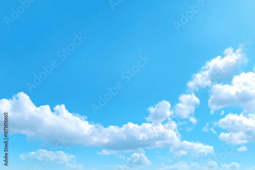 Bright, clear blue sky with soft, fluffy white clouds clustered lower right. Sunlight illuminates the clouds, creating a serene, airy atmosphere