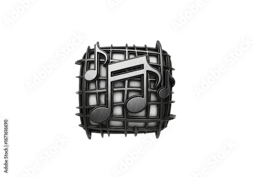 Dark gray music notes design, enclosed in a grid pattern, on a white background.