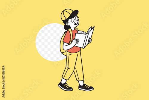 Young explorer with a book: A joyful youth confidently strides forward, engrossed in a book, ready for adventures
