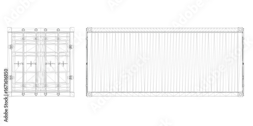 Shipping container set wireframe drawing with front and side views, detailed structure, components, and technical specifications.