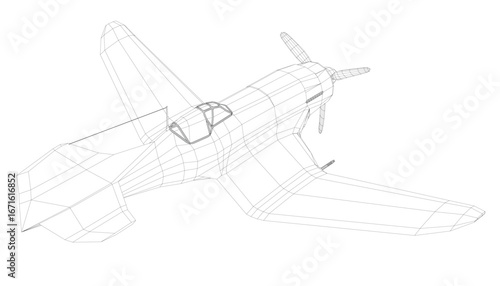 Retro airplane wireframe model with detailed wings, tail, and propellers on a clean white background.