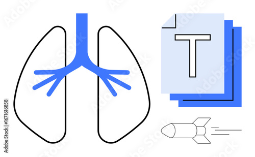 Minimalist design with lungs, text documents, and rocket. Ideal for healthcare, research, science, technology, communication, education and innovation-themed simple landing page
