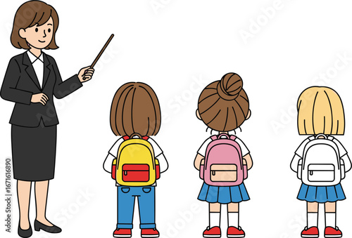 Female teacher teaching school children in classroom, students wearing backpacks, educational concept, learning, schoolgirl, back to school, vector illustration.