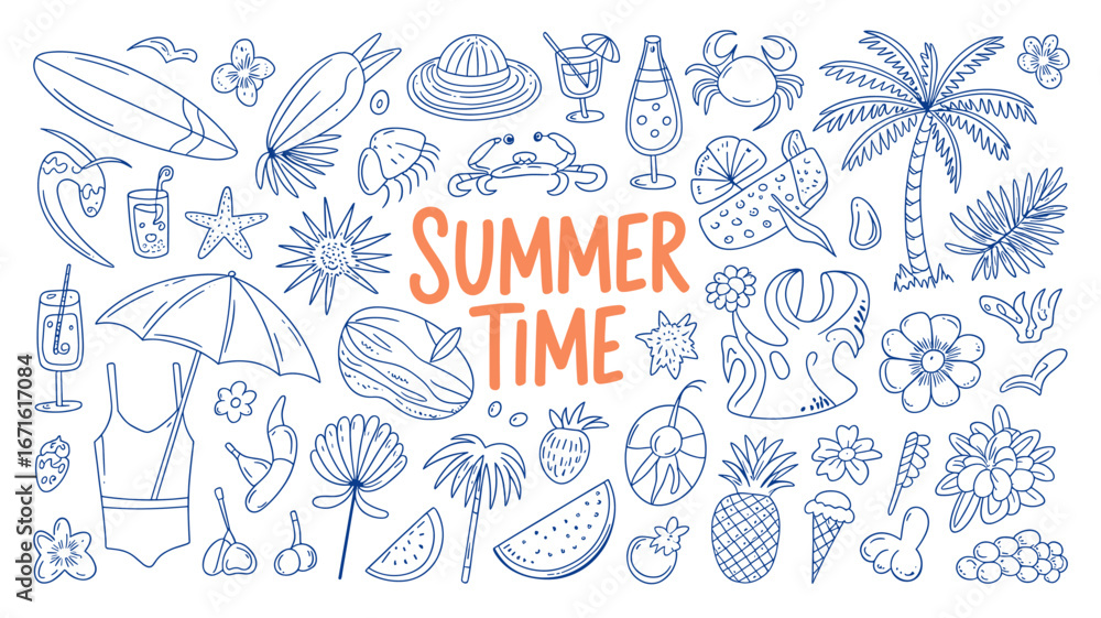 Fototapeta premium Summer vacation doodle illustration set. Beach and sea travel elements. Hand drawn palm tree, fruit, lobster, seafood, shell, bikini, cocktail. Coastal collection for card, prints, wedding invitation.