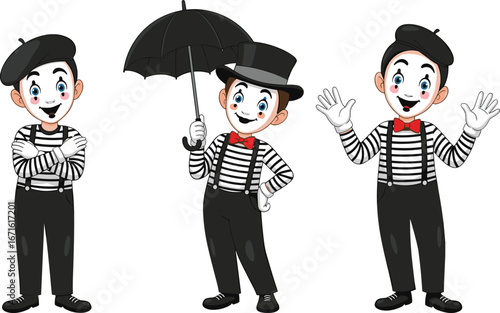 Funny cartoon mime characters in classic costume, striped shirt, red bow tie, beret, top hat, performing pantomime on white background