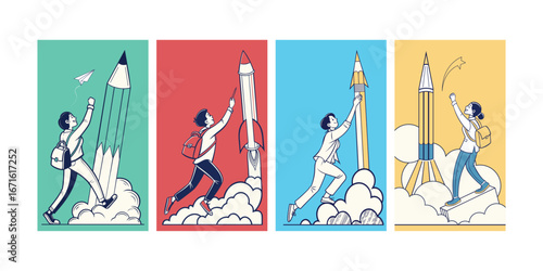 Launchpad to Imagination: A vibrant illustration captures the spirit of innovation and forward momentum, depicting individuals launching creative ideas with stylized rockets