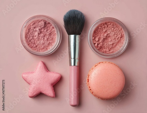 Pink makeup still life powder, brush, macarons, on a matching background