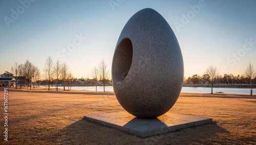 Egg-shaped sculpture with a hole at golden hour