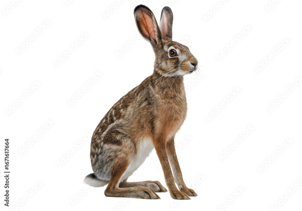 Fototapeta premium Isolated brown hare sits, with long ears, cute animal on plain background looking to side