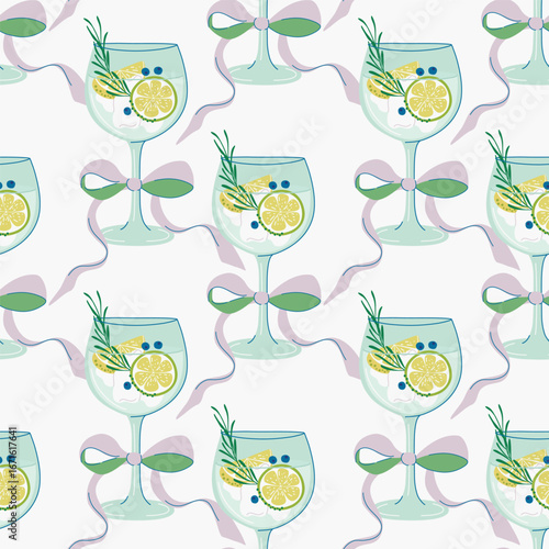 Gin and Tonic Cocktail seamless pattern. Retro background with glass of alcohol drink decorated with bow. Refreshing Summer lemonade. Flat design hand drawn vector illustration.