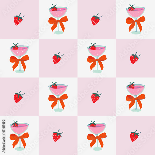 Strawberry cocktail seamless pattern. Geometric retro background with glass of refreshing drink and bow. Cute print with refreshing Summer lemonade. Flat design hand drawn vector illustration.