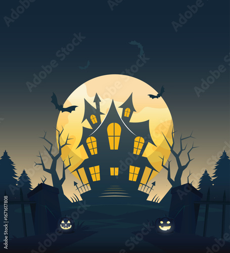 Spooky Halloween Mansion: A foreboding mansion looms under a full moon on Halloween, a chilling scene of mystery. The dark silhouettes and illuminated windows offer a thrilling experience.