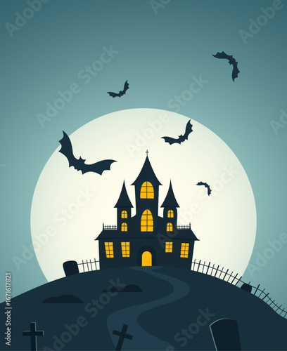 Spooky Castle on a Hill: A gothic castle silhouetted against a haunting full moon with bats, and tombstones creates a spooky atmosphere perfect for Halloween.